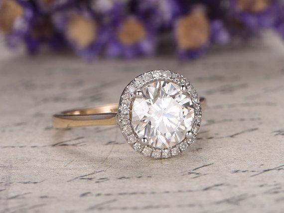 1.25 Carat Round Cut Moissanite and Diamond Halo Engagement Ring in Yellow Gold