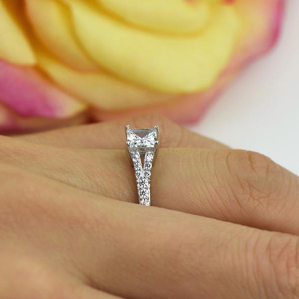 1.25 Carat Princess Cut Split Shank Engagement Ring in White Gold over Sterling Silver