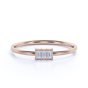 Delicate Emerald Cut Diamond Trilogy Stacking Ring in Rose Gold