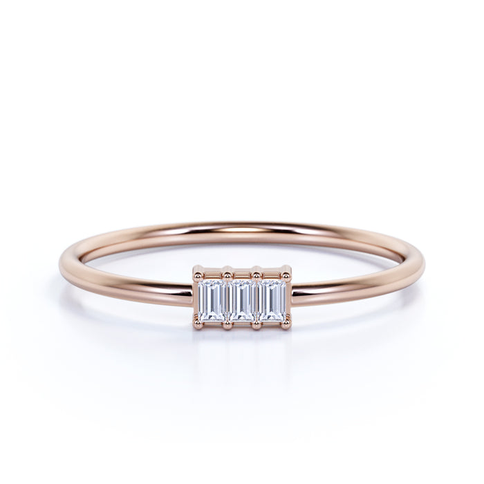Delicate Emerald Cut Diamond Trilogy Stacking Ring in Rose Gold
