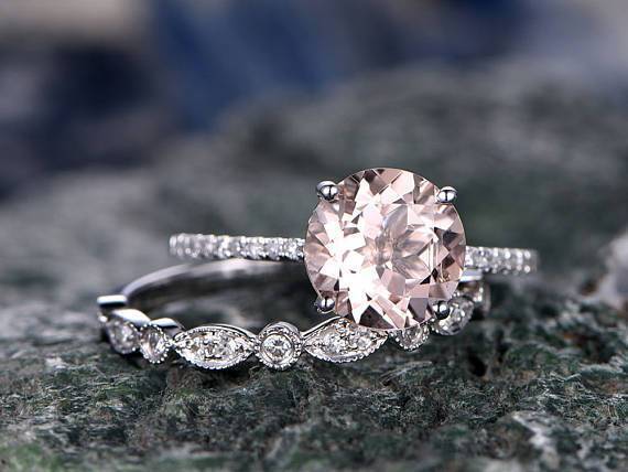 Limited Time Sale 1.50 Carat Round Cut Solitaire Morganite and Diamond Bridal Set in White Gold