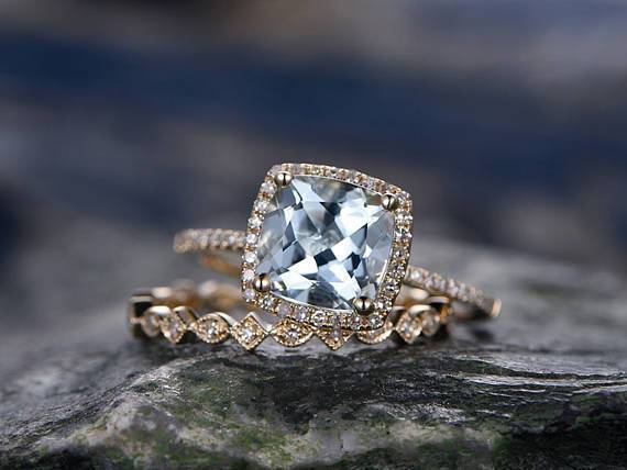 Unique 2 Carat Cushion Cut Aquamarine and Diamond Wedding Set in White Gold