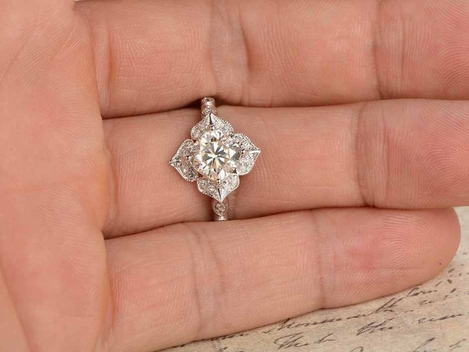 1.25 Carat Cushion Cut Moissanite and Diamond Antique Engagement Ring in White Gold