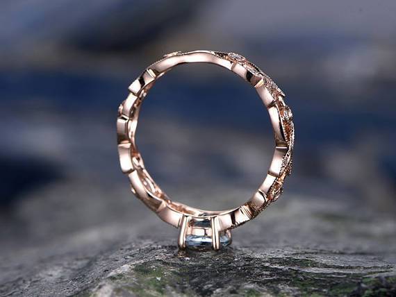 Antique 1.25 Carat Round Cut Aquamarine and Diamond Wedding Ring in Rose Gold