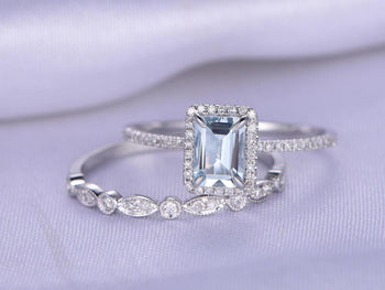Elegant 2 Carat Emerald Cut Aquamarine and Diamond Wedding Set in White Gold