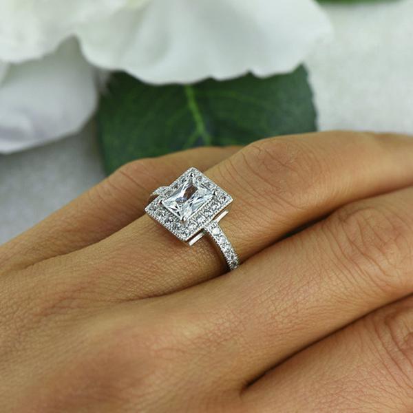 Final Sale 1.5 Carat Emerald Cut Radiant Halo Gatsby Engagement Ring in White Gold over Sterling Silver