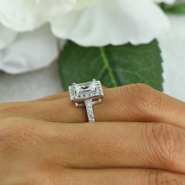 Final Sale 1.5 Carat Emerald Cut Radiant Halo Gatsby Engagement Ring in White Gold over Sterling Silver