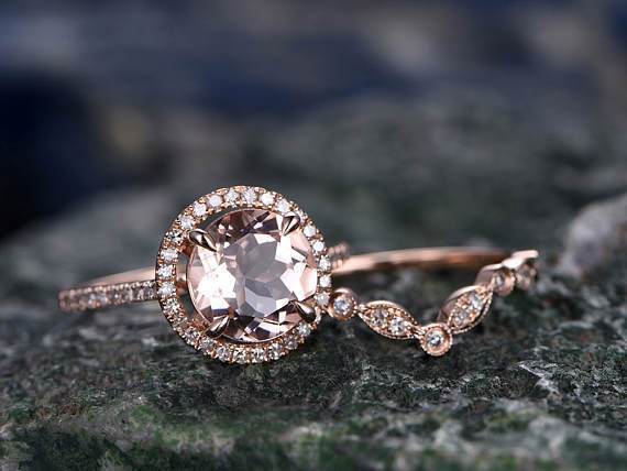 Huge 3 Carat Round Cut Morganite and Diamond Halo Wedding Ring Bridal Set in Rose Gold