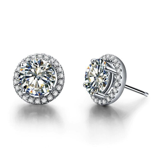 2.50 Carat Round Cut Moissanite and Diamond Halo Stud Earrings in White Gold
