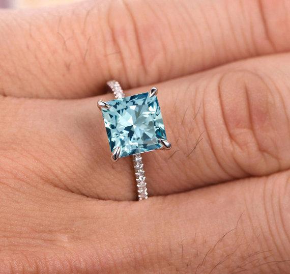 Perfect 1.25 Carat Princess Cut Aquamarine and Diamond and Engagement Ring in White Gold