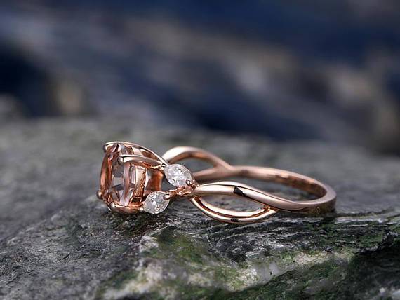 Unique Infinity 1.25 Carat Round Cut Morganite and Diamond Engagement Ring in Rose Gold