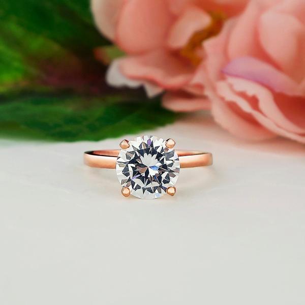 Four Prongs 2 Carat Round Classic Solitaire Engagement Ring in Rose Gold over Sterling Silver