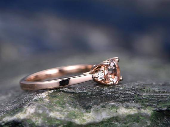 Three Stone 1.25 Carat Round Cut Morganite and Diamond Engagement Ring in Rose Gold