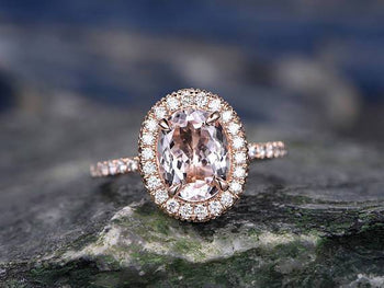 Huge 3 Carat Oval Cut Morganite and Diamond Engagement Ring in Rose Gold