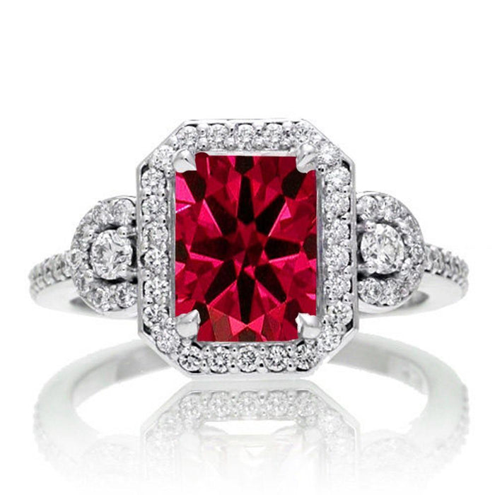 2 Carat Emerald Cut Ruby and White Diamond Halo Engagement Ring