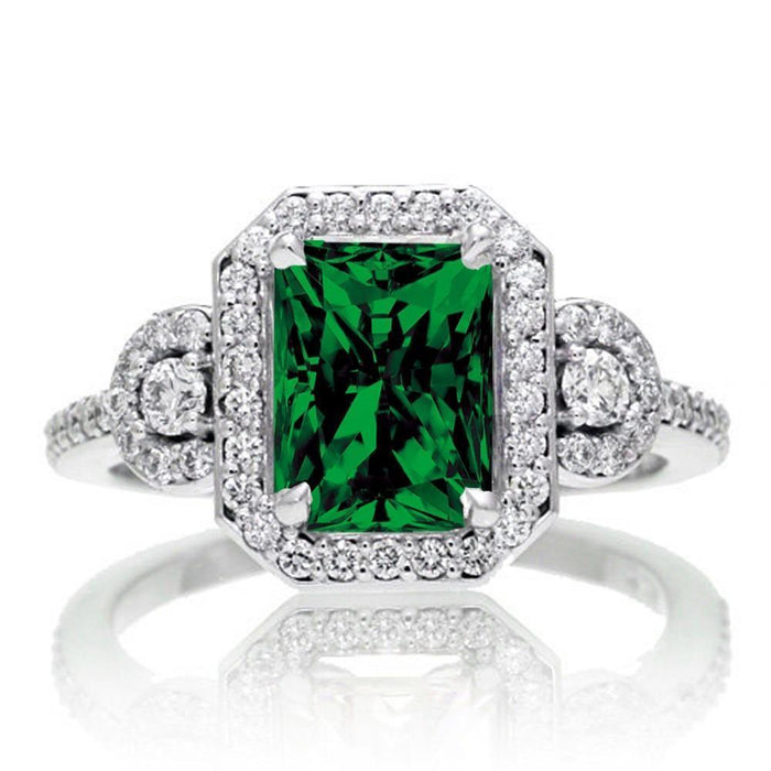 2 Carat Emerald Cut Emerald and White Diamond Halo Engagement Ring