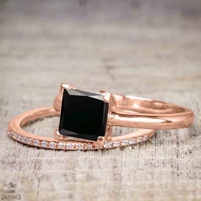 Perfect 1.25 Carat Princess Cut Black Diamond Bridal Ring Set in Rose Gold