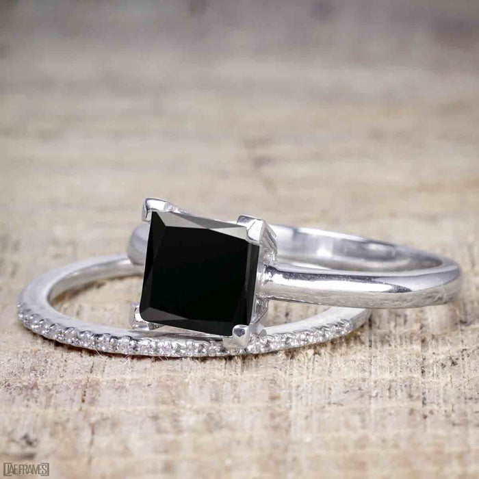 Perfect 1.25 Carat Princess Cut Black Diamond Bridal Ring Set in White Gold