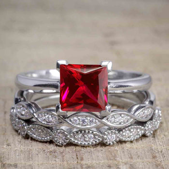 Bestselling 1.50 Carat Princess cut Ruby and Diamond Trio Wedding Ring Set in White Gold