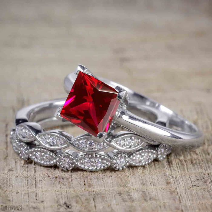 Bestselling 1.50 Carat Princess cut Ruby and Diamond Trio Wedding Ring Set in White Gold