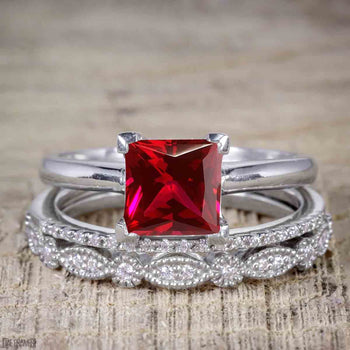 Artdeco 1.50 Carat Princess cut Ruby and Diamond Trio Wedding Bridal Ring Set White Gold