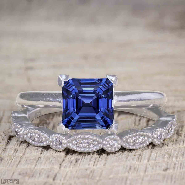 Antique Art Deco 1.25 Princess Cut Sapphire and Diamond Wedding Ring Set in White Gold