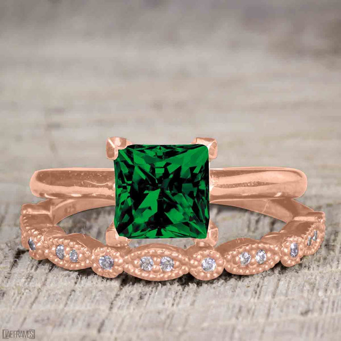 Antique Artdeco 1.25 Princess cut Emerald and Diamond Wedding Bridal Set in Rose Gold