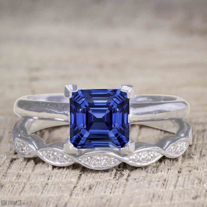 Vintage design 1.25 Carat Princess Cut Sapphire and Diamond Wedding Ring Set for Women in White Gold