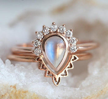 1.25 Carat Pear Shape Rainbow Moonstone and Diamond Crown Wedding Set with Lace Wedding Band in Rose Gold