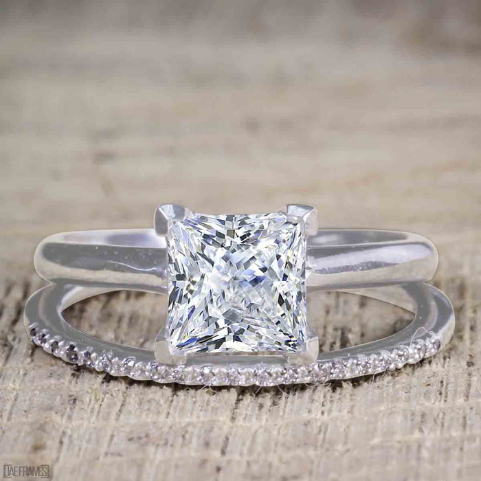 Unique 1.25 Carat Princess Cut Moissanite and Diamond Bridal Set with Semi Eternity Band in White Gold