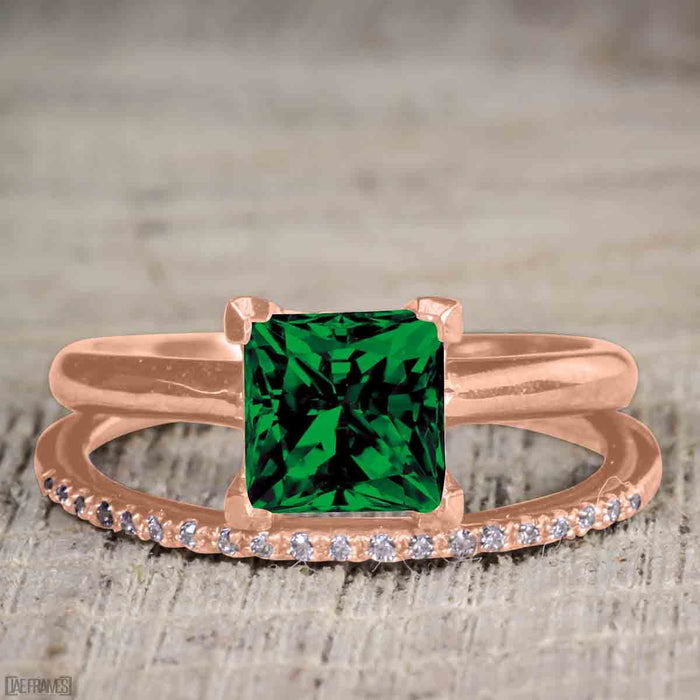 Unique 1.25 Carat Princess cut Emerald and Diamond Bridal Set with semi eternity band in Rose Gold