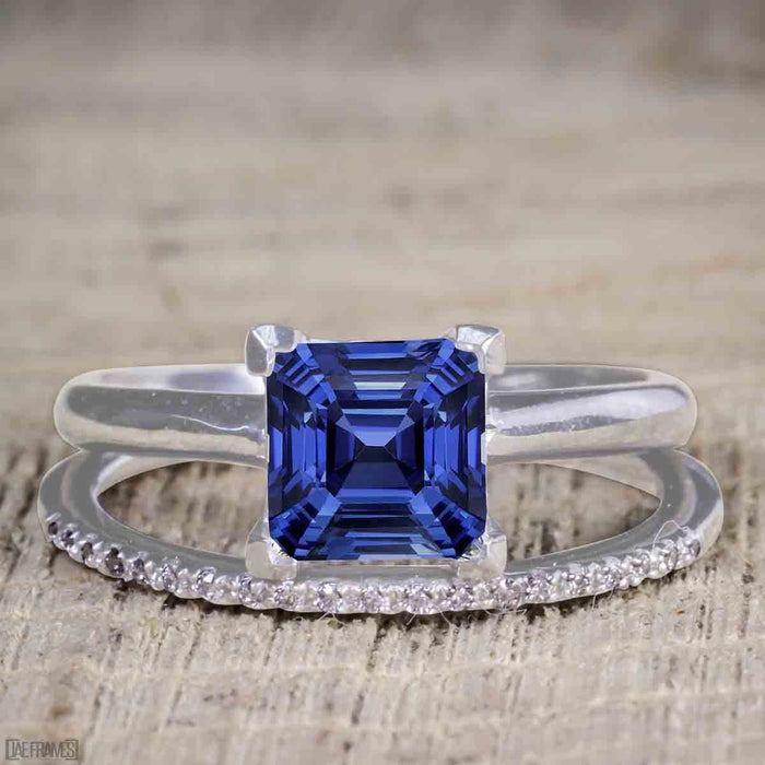 Unique 1.50 Carat Princess Cut Sapphire and Diamond Trio Wedding Ring Set in White Gold
