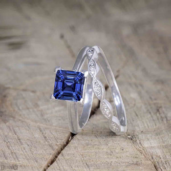 Beautiful 1.25 Carat Princess Cut Sapphire Solitaire Bridal Ring Set for Women in White Gold