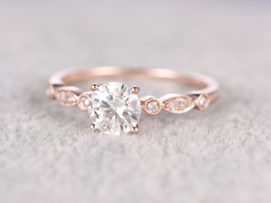 1.25 Carat Round Cut Moissanite and Diamond Antique Engagement Ring in 9k Rose Gold