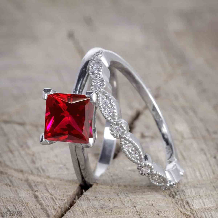 1.50 Carat Princess cut Ruby and Diamond Trio Wedding Ring Set for Women in White Gold