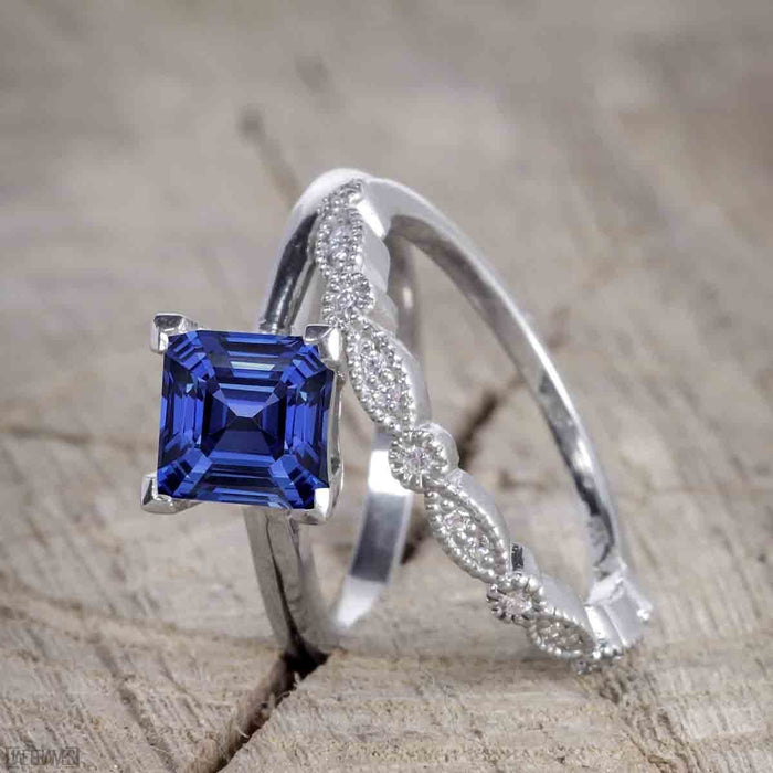 Antique Art Deco 1.25 Princess Cut Sapphire and Diamond Wedding Ring Set in White Gold