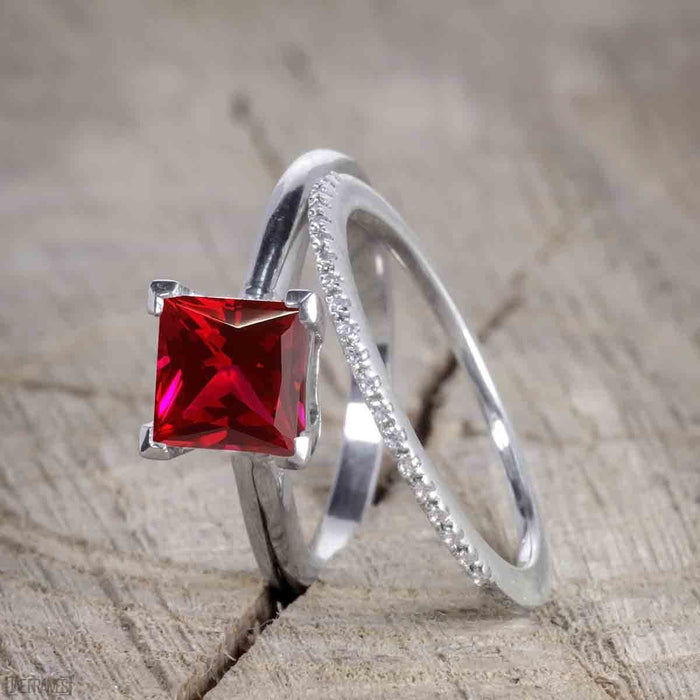 Unique 1.50 Carat Princess cut Ruby and Diamond Trio Wedding Ring Set in White Gold for Her