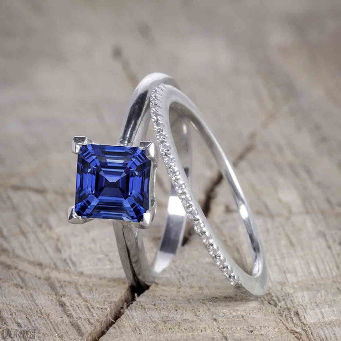 1.50 Carat Princess Cut Sapphire and Diamond Trio Wedding Ring Set for Women in White Gold