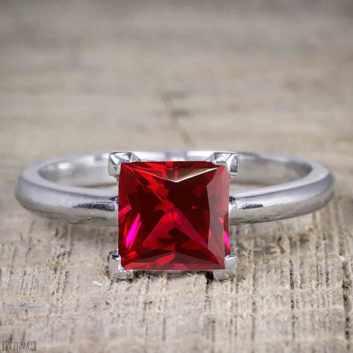 1.50 Carat Princess cut Ruby and Diamond Solitaire Trio Wedding Bridal Ring Set in White Gold