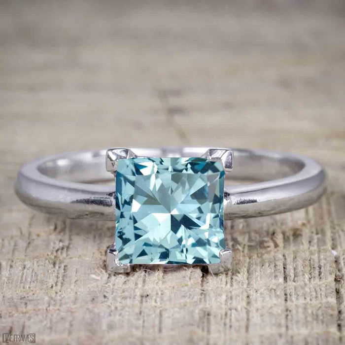 Art Deco 1.50 Carat Princess Cut Aquamarine and Diamond Trio Wedding Bridal Ring Set White Gold