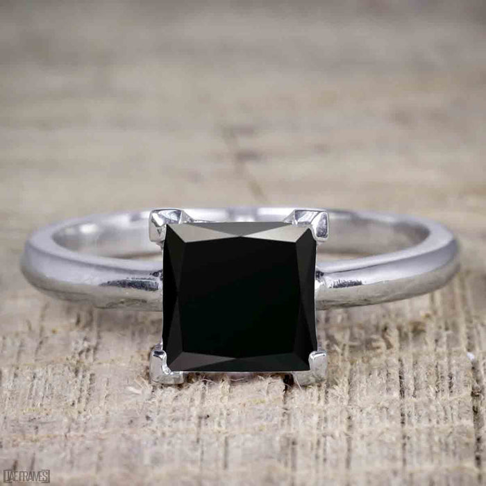 Art Deco 1.25 Carat Princess Cut Black Diamond Wedding Bridal Ring Set in White Gold