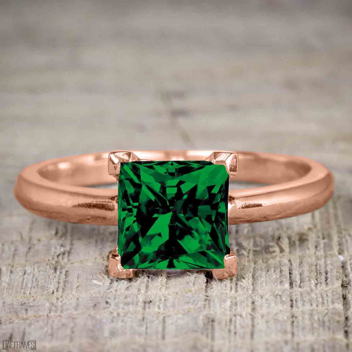 Artdeco 1.50 Carat Princess cut Emerald and Diamond Trio Wedding Bridal Ring Set Rose Gold