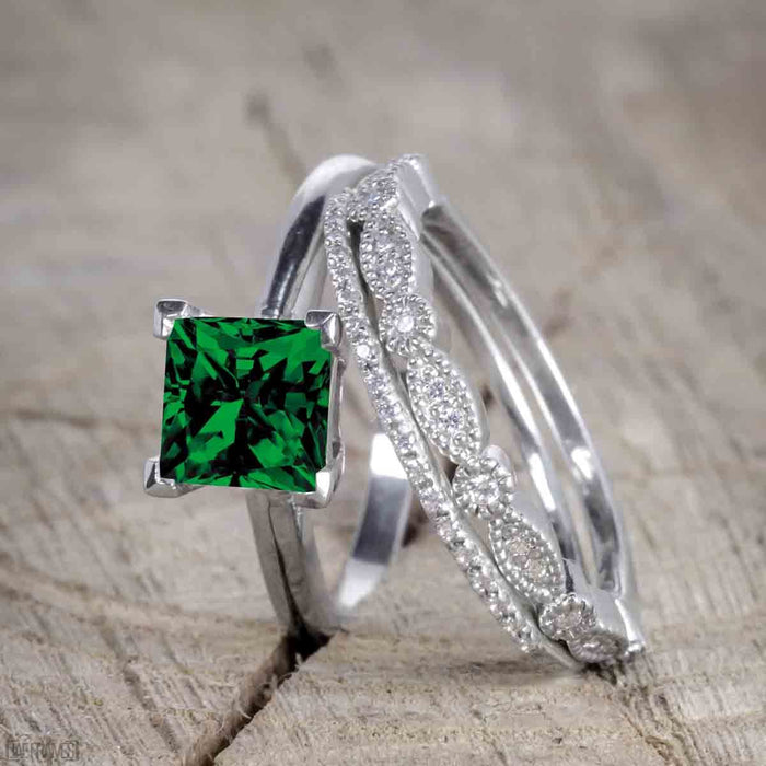 Bestselling 1.50 Carat Princess cut Wedding Ring Set with Emerald and Diamond for Women in White Gold