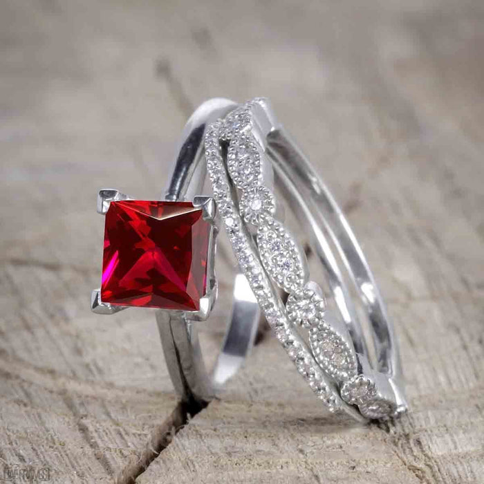 Unique 1.50 Carat Princess cut Ruby and Diamond Trio Wedding Ring Set in White Gold for Her