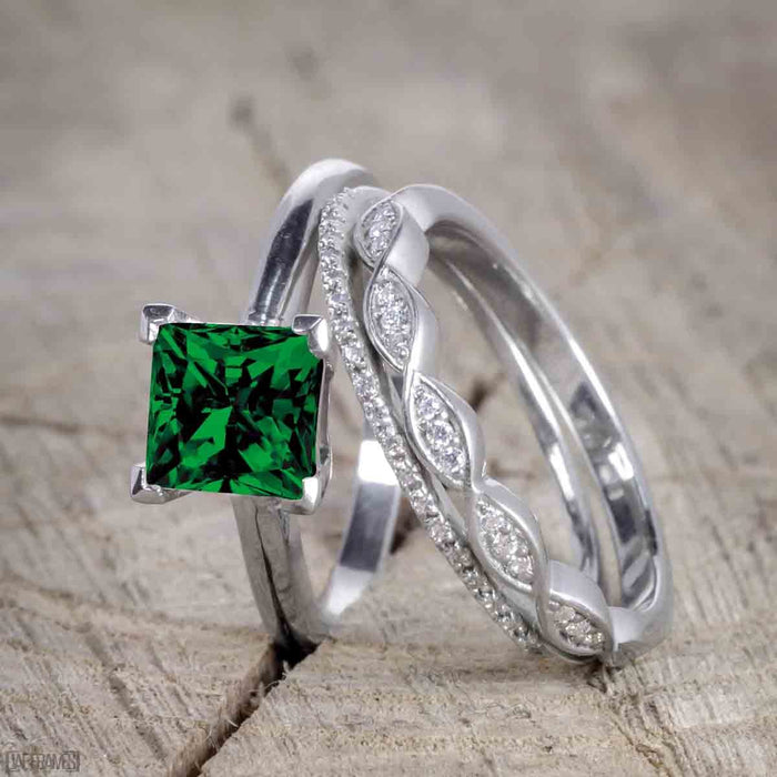1.50 Carat Princess cut Emerald and Diamond Trio Wedding Ring Set for Women in White Gold