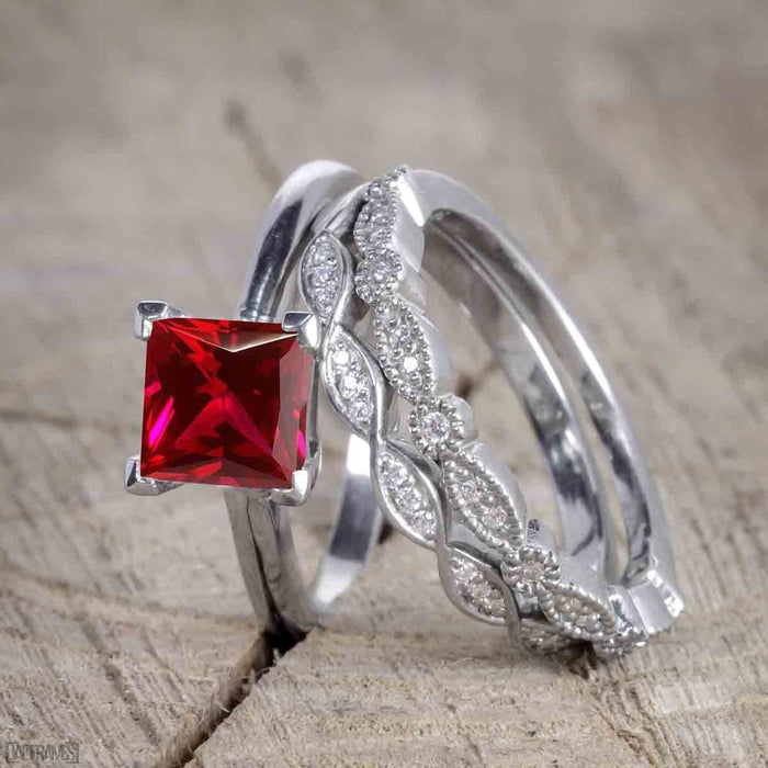 Bestselling 1.50 Carat Princess cut Wedding Ring Set with Ruby and Diamond for Women in White Gold
