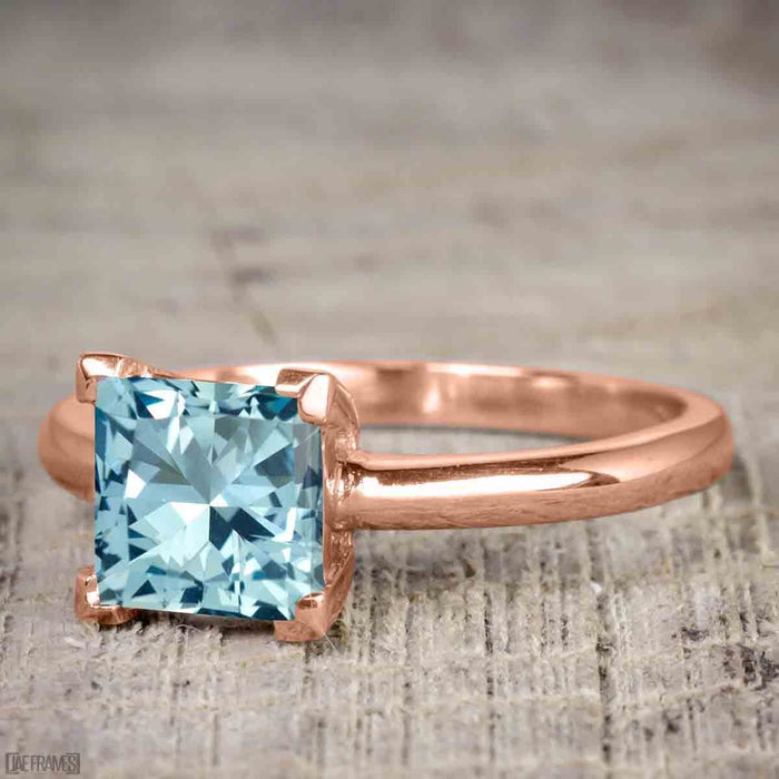 1 Carat Princess Cut Aquamarine Solitaire Engagement Ring in Rose Gold