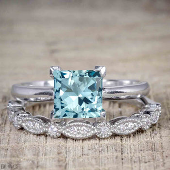 Art Deco 1.25 Carat Princess Cut Aquamarine and Diamond Wedding Bridal Ring Set in White Gold