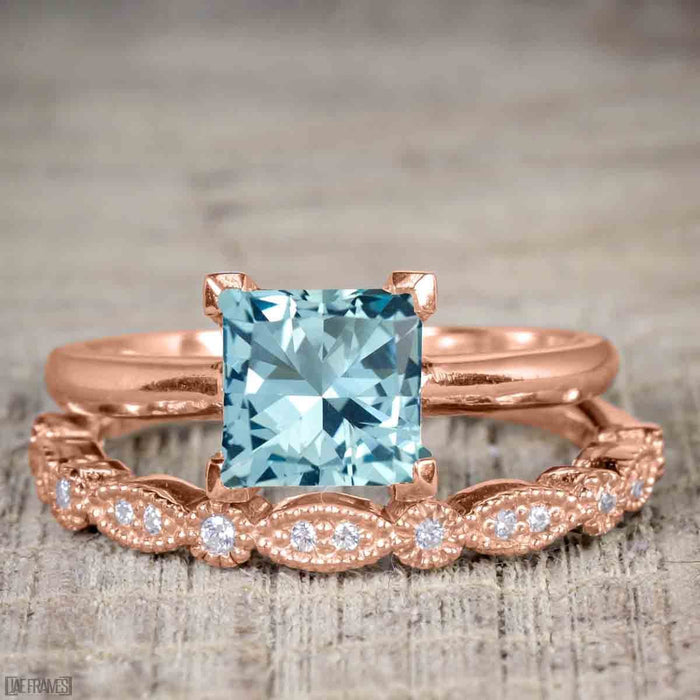 Bestselling 1.50 Carat Princess cut Aquamarine and Diamond Trio Wedding Ring Set in Rose Gold