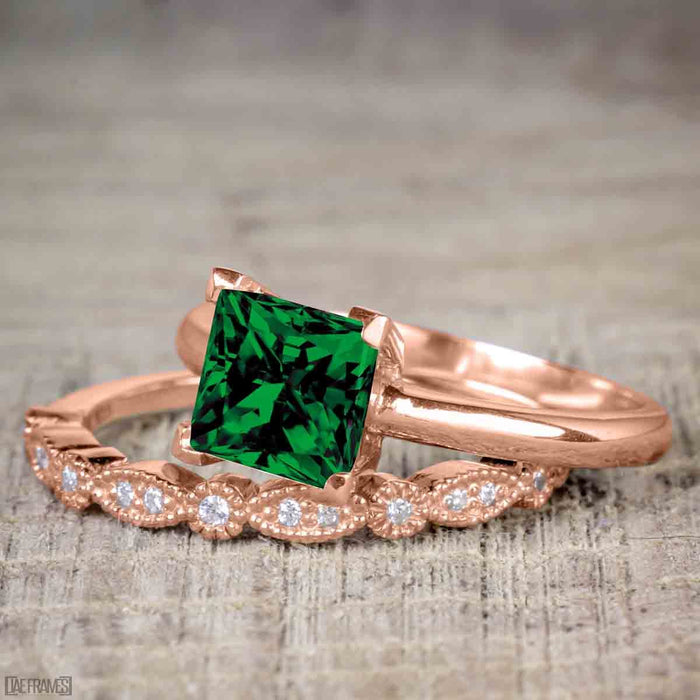 Artdeco 1.25 Carat Princess cut Emerald and Diamond Wedding Bridal Ring Set in Rose Gold